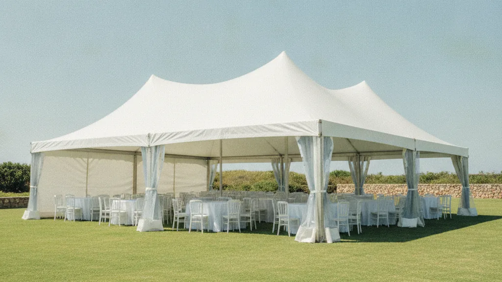 White frame marquee with round tables and white linen set up on a coastal garden lawn in Port Elizabeth