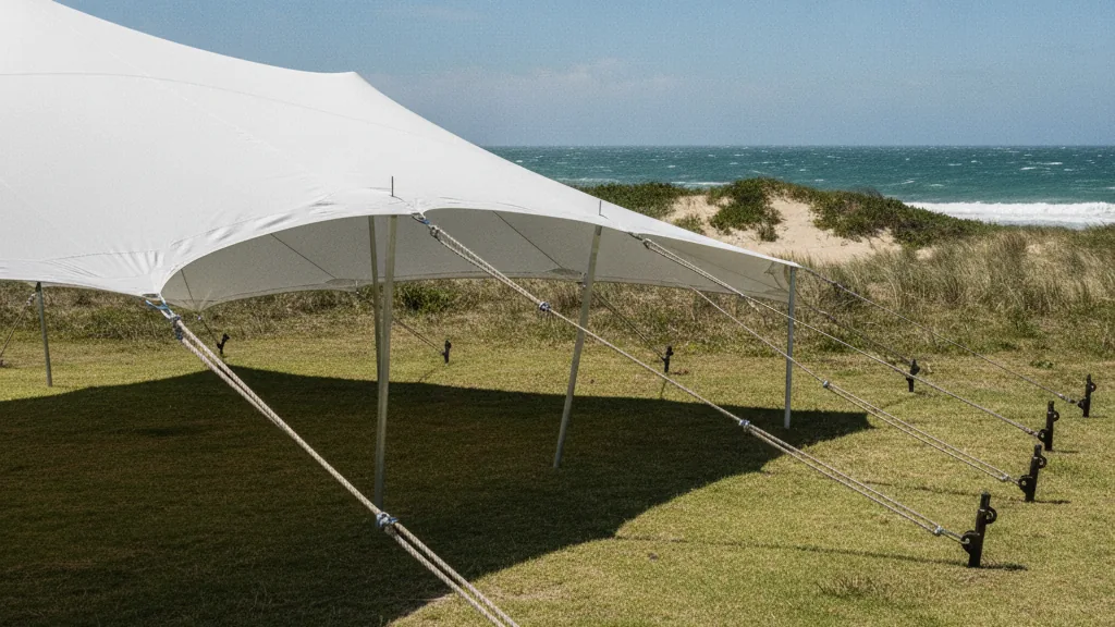 Waterproof white stretch tent pulled low and heavily guyed against the wind on a Port Elizabeth coastal lawn