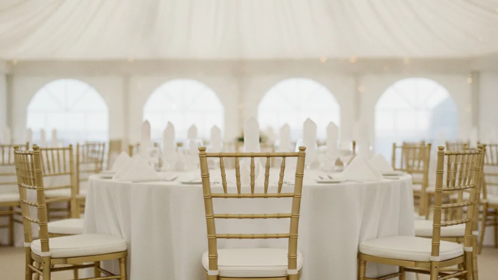 Gold Tiffany chairs at a linen-dressed round table inside a Port Elizabeth function tent