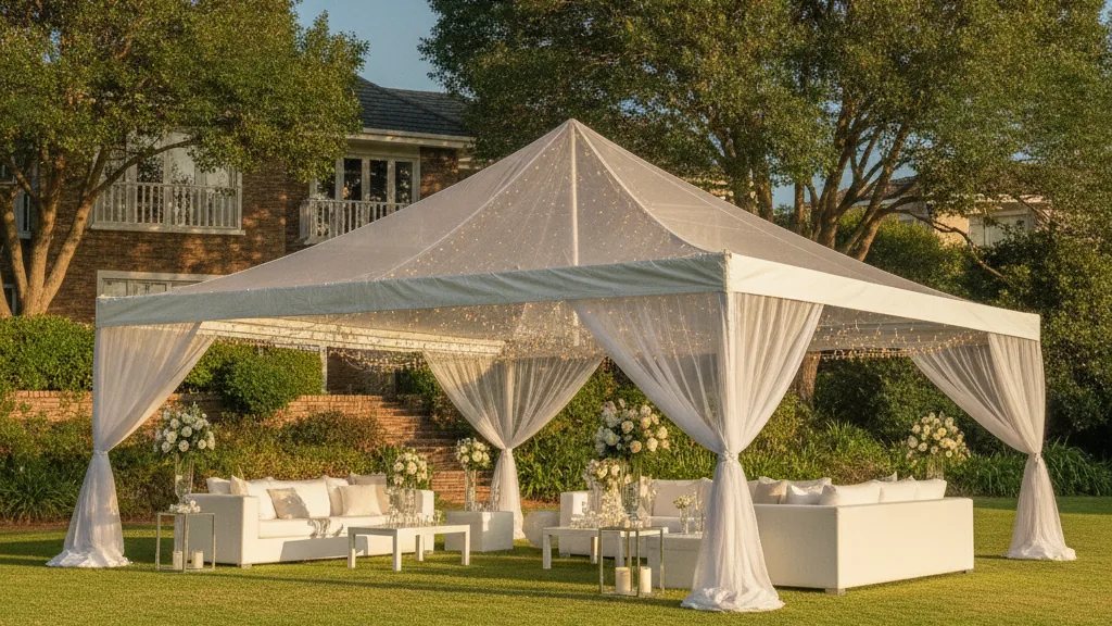 Elegant draped white marquee on a leafy garden lawn in Walmer, Port Elizabeth